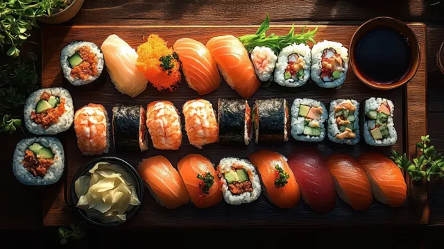 Assorted sushi nigiri and maki rolls with shrimp and fish roe on a wooden board beside pickled ginger and soy sauce.