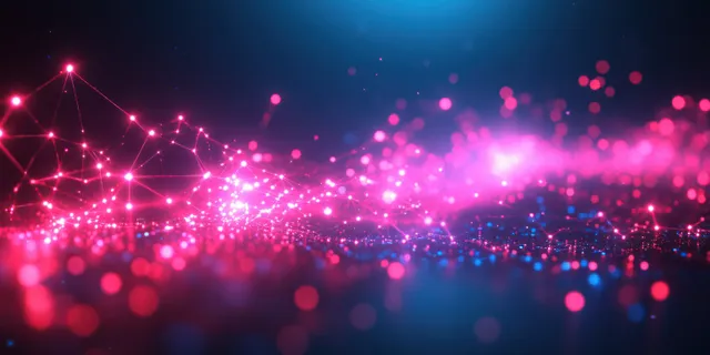 Neon pink and cyan connected nodes spread across a dark geometric background with hexagon patterns.