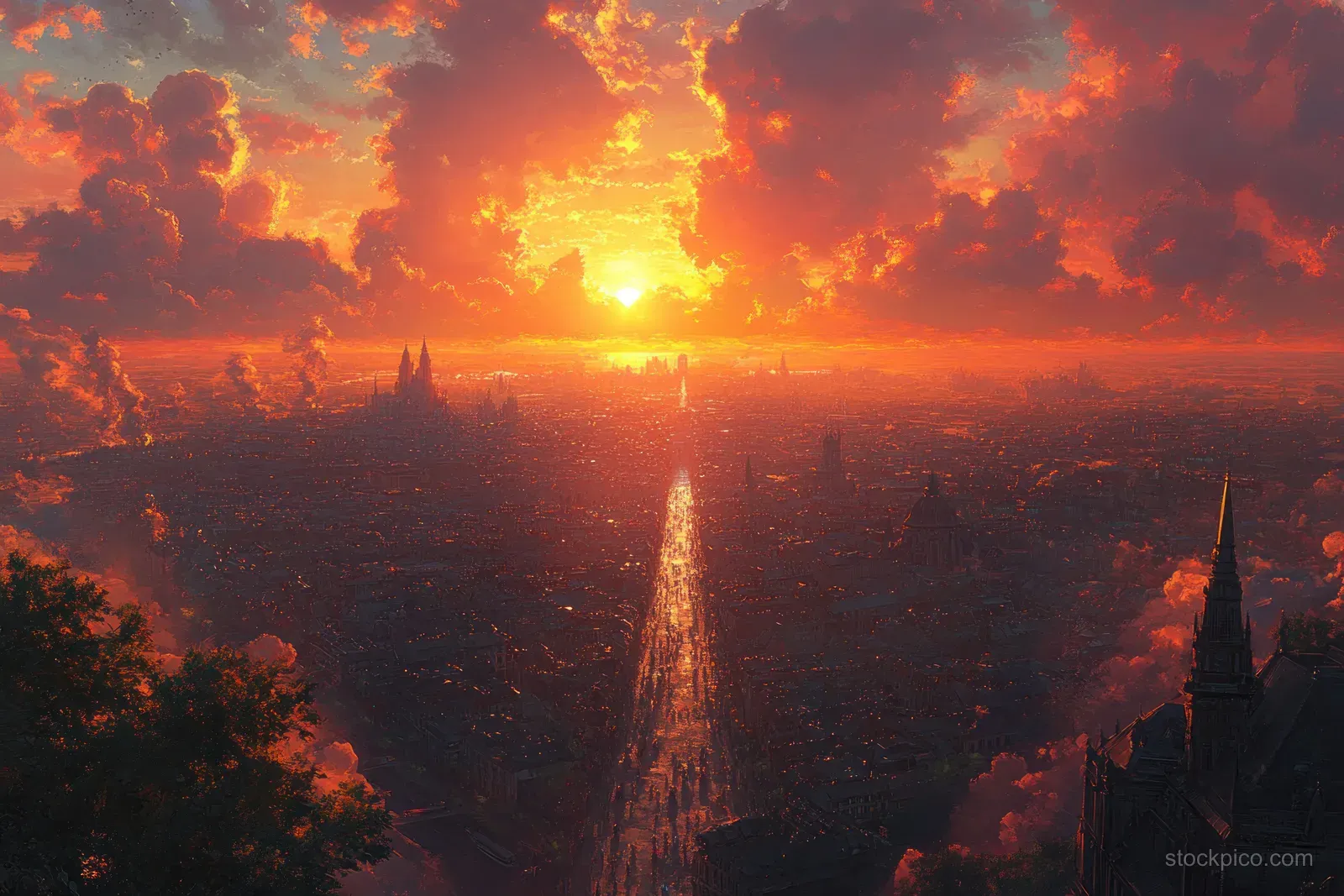 Aerial sunset panorama of Budapest with Zrínyi Street leading toward Buda Castle and Fisherman Bastion.
