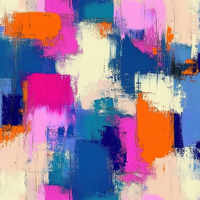 Textured abstract painting with layered blue, orange, pink, purple, and white color blocks and visible brushstrokes.