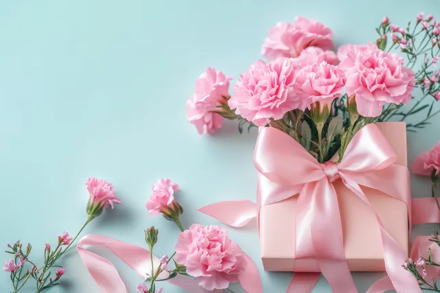 Pink carnation bouquet in gift box with satin ribbon, soft spring daylight