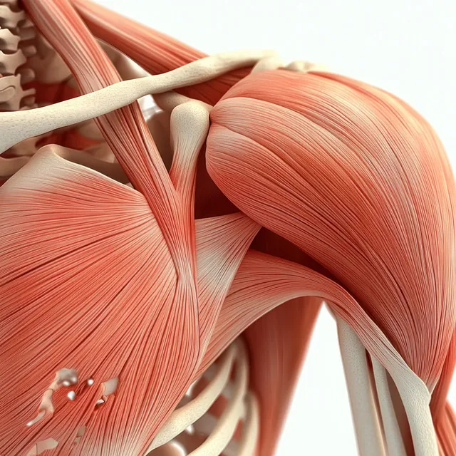 Anterior deltoid shoulder anatomy illustration with labeled tendons and clavicle
