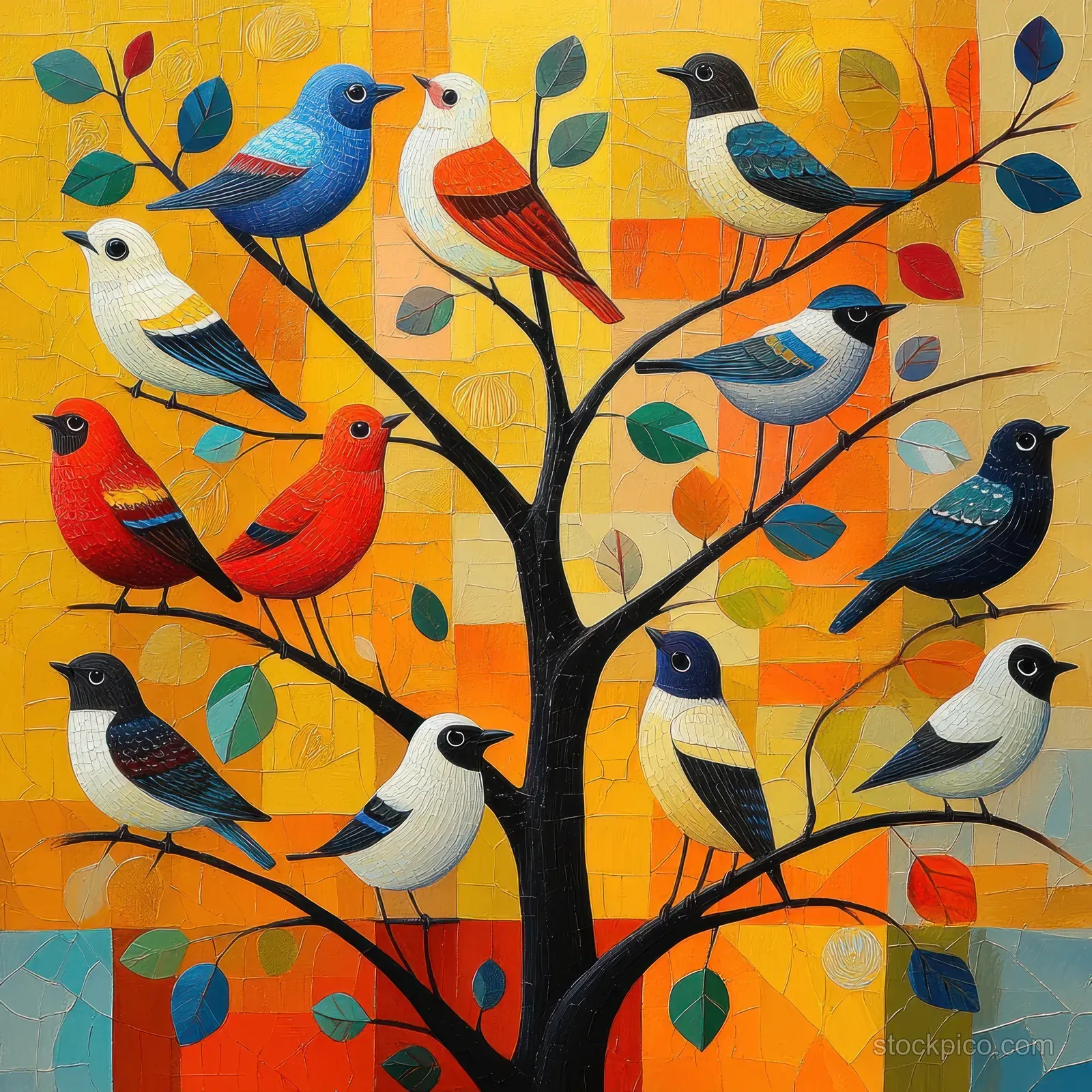 Multiple brightly colored birds sit on branching limbs of a stylized tree mural on an orange patterned background.