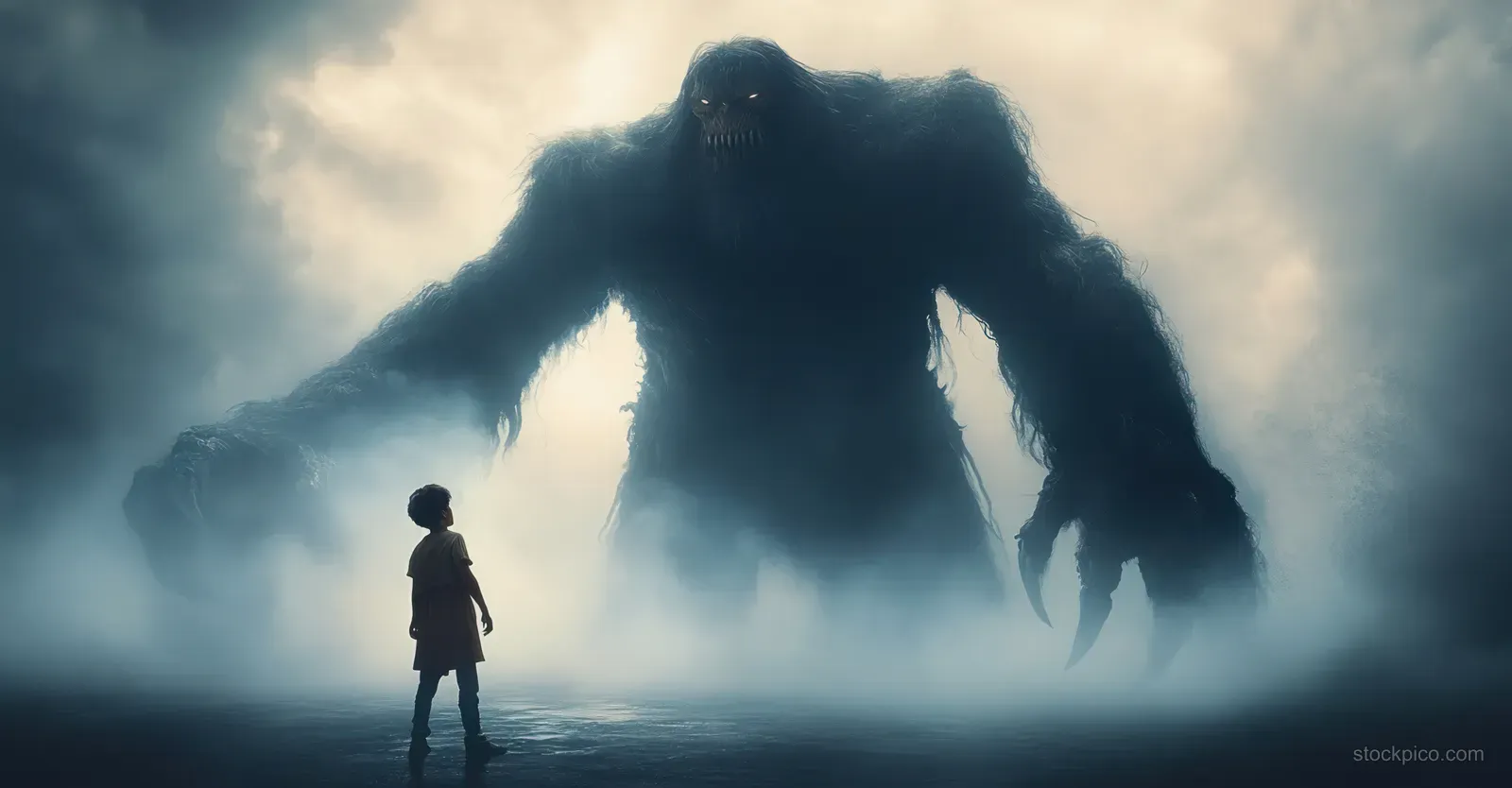 A young shepherd boy holds a slingshot facing a giant warrior in a foggy battlefield with dramatic shadows.