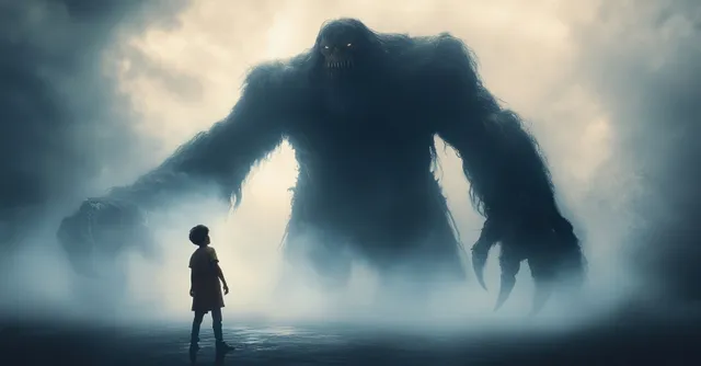 A young shepherd boy holds a slingshot facing a giant warrior in a foggy battlefield with dramatic shadows.