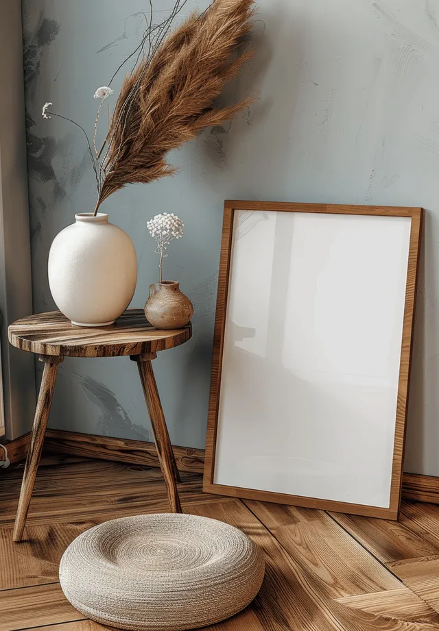 Vertical A4 photo frame mockup leaning on a neutral wall next to a ceramic vase on a wooden floor.