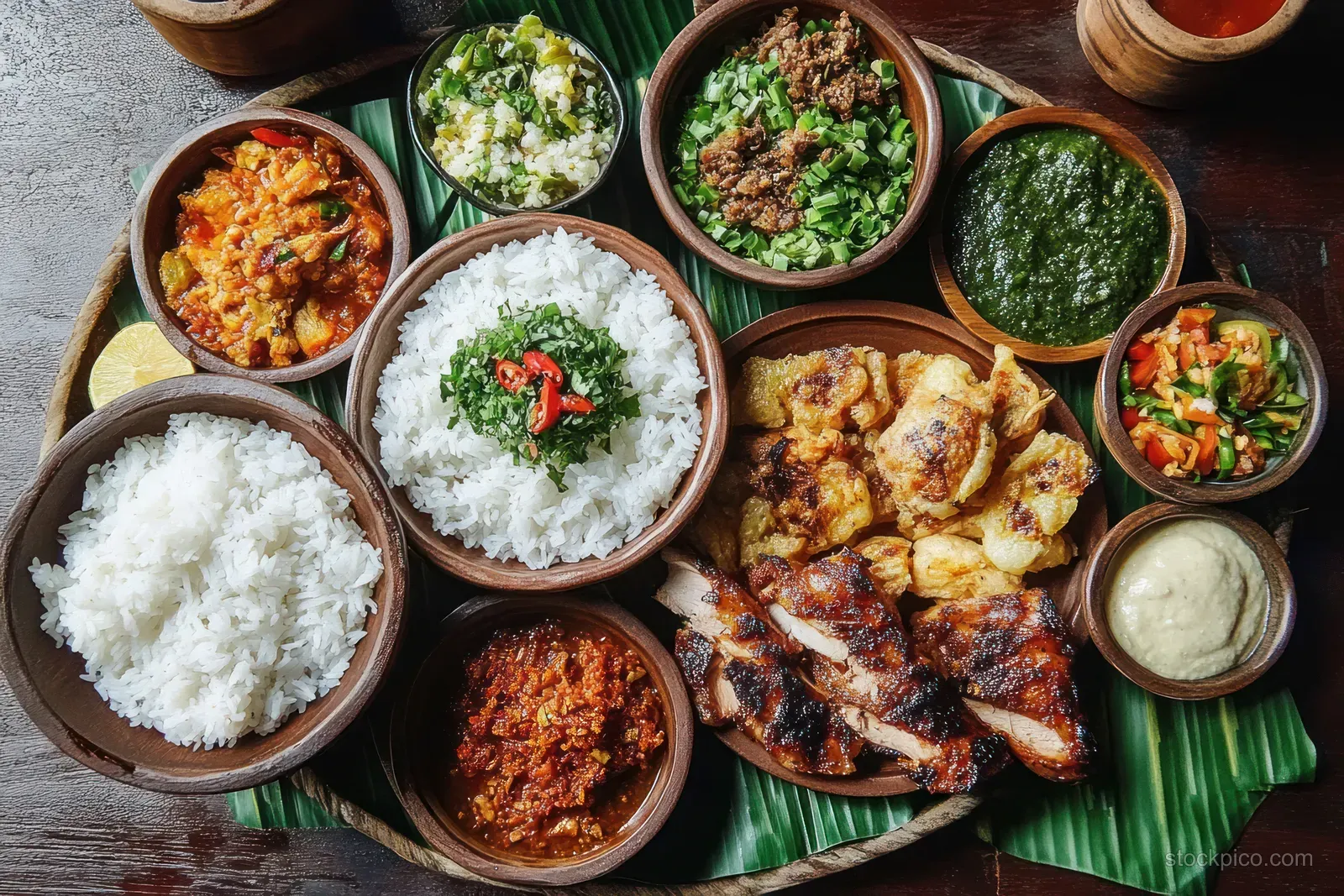 Overhead view of Indonesian grilled chicken served with rice and colorful side dishes in small bowls on banana leaves.