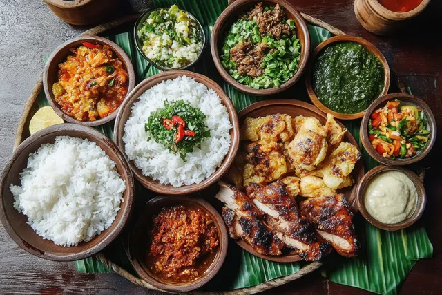 Overhead view of Indonesian grilled chicken served with rice and colorful side dishes in small bowls on banana leaves.