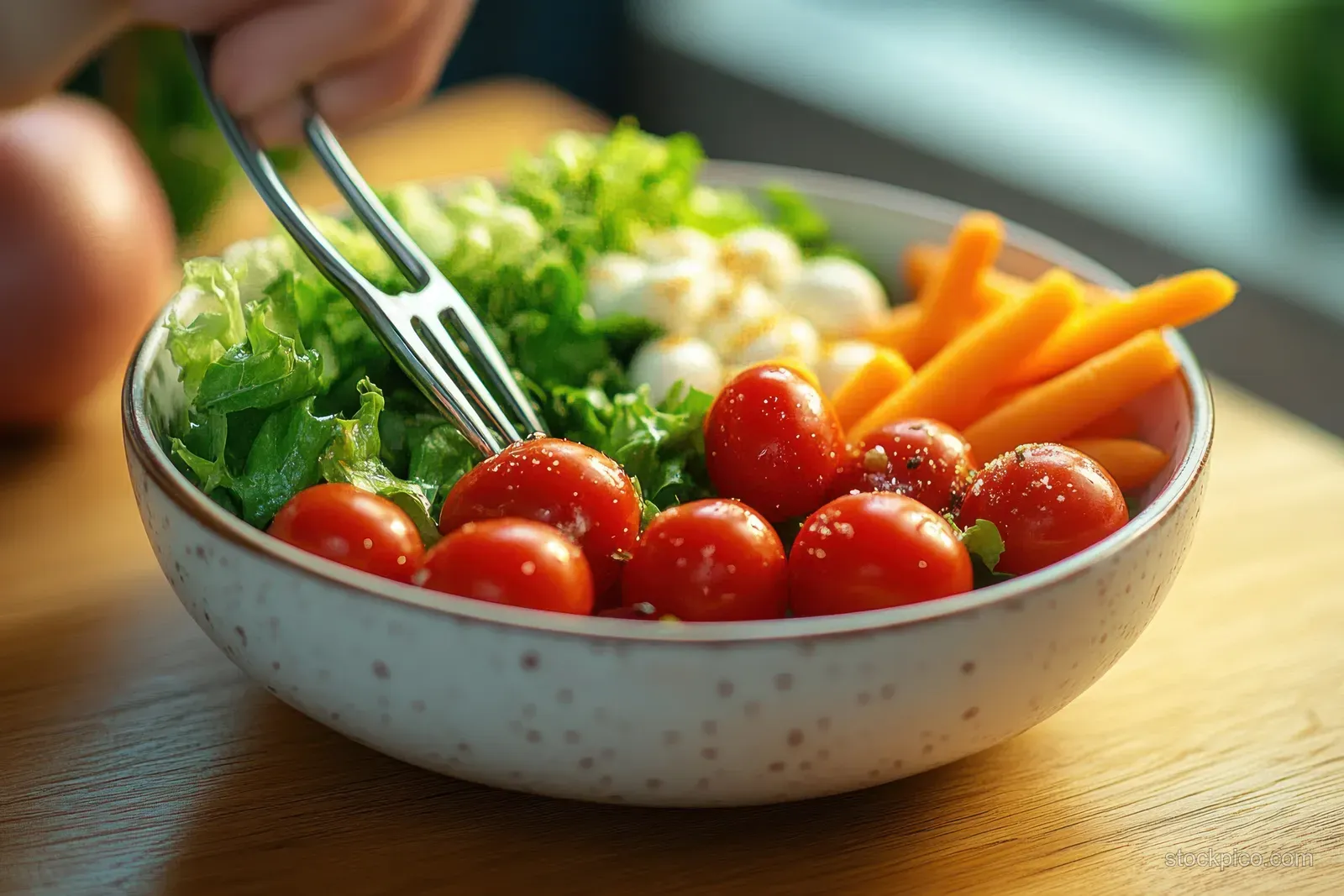 Cherry tomatoes, lettuce, and carrots sit in a speckled ceramic salad bowl while a fork rests beside it.