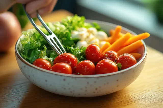 Cherry tomatoes, lettuce, and carrots sit in a speckled ceramic salad bowl while a fork rests beside it.