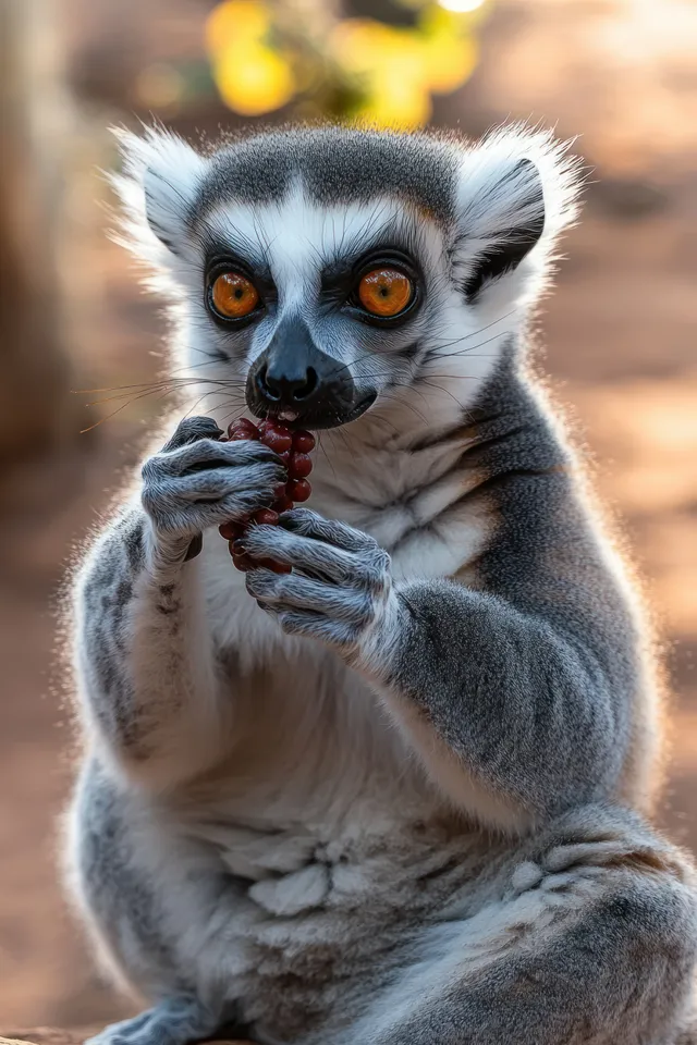 A ring-tailed lemur holds and eats red berries, staring with bright orange eyes in soft natural light.