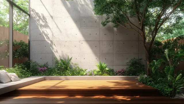 A wooden deck patio next to a concrete wall surrounded by tropical plants under dappled sunlight.