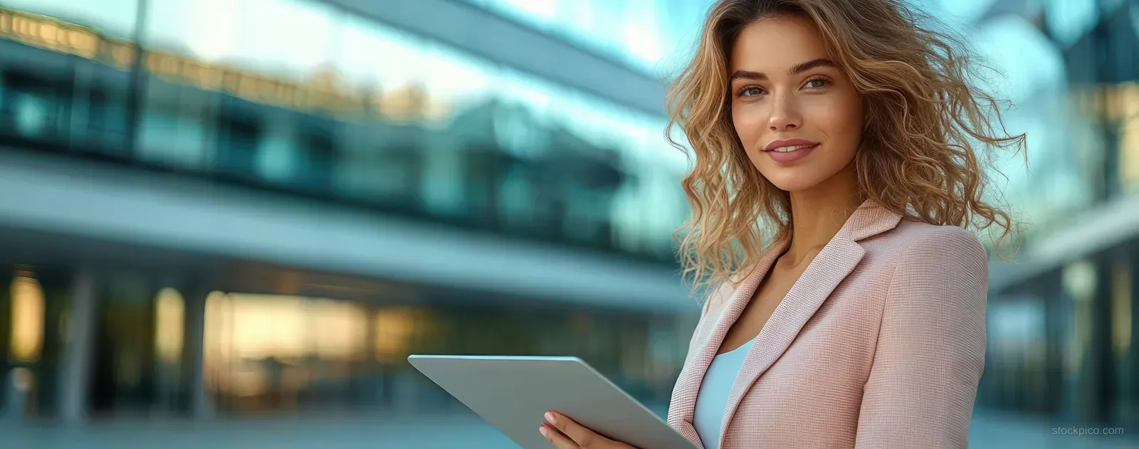 Businesswoman in a soft pink blazer holds a tablet outdoors before a glass building with warm reflections.