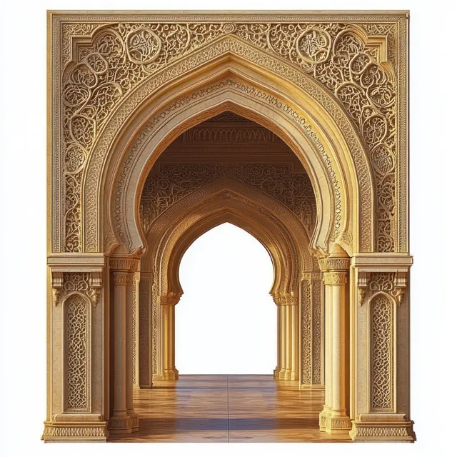 Symmetrical sandstone corridor with ornate floral and geometric arch carvings and warm light on a reflective floor.