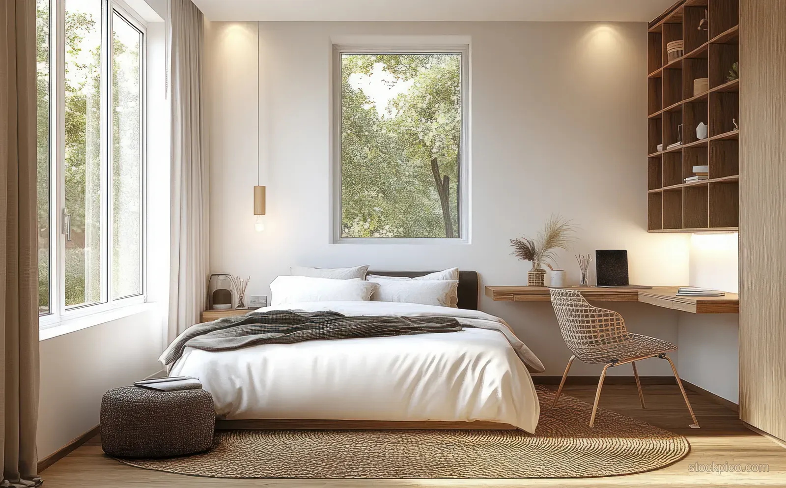 Minimalist bedroom with a bed, desk, and warm lamp beside large windows overlooking green trees.