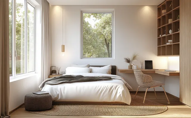 Minimalist bedroom with a bed, desk, and warm lamp beside large windows overlooking green trees.