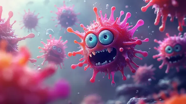 Colorful cartoon virus characters float against a dark lab-like background with bright pink tendrils and big eyes.