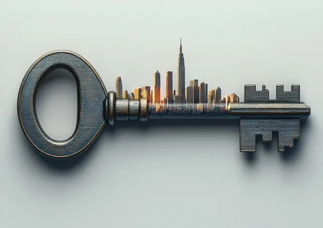 A silver key showcases a miniature downtown skyline with glowing skyscrapers against a dusk backdrop.