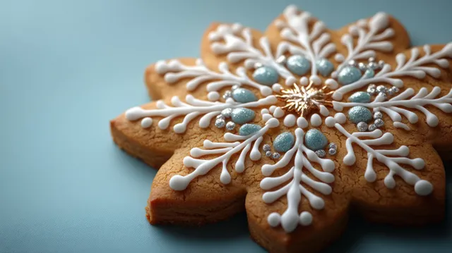 Gingerbread snowflake cookies with detailed white icing sit on a smooth blue gradient background.