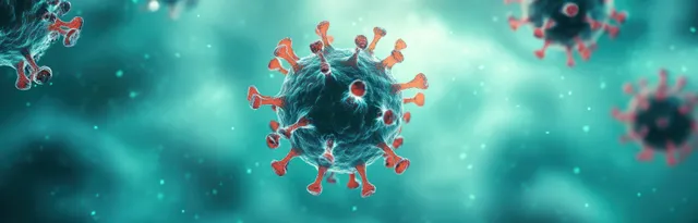 Microscopic coronavirus particles floating in teal bioluminescent background with soft focus