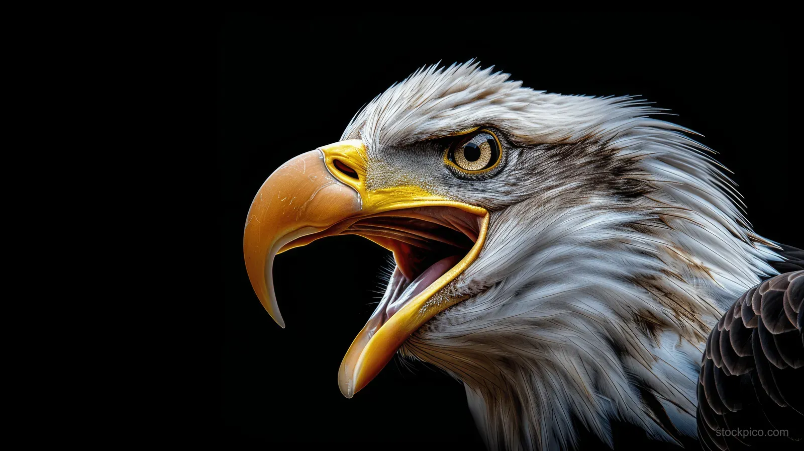 Close-up portrait of a bald eagle with open beak and sharp eyes isolated on a black background.