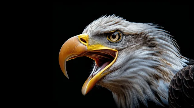 Screaming bald eagle close-up with open beak isolated against deep black background with Birds Of Prey