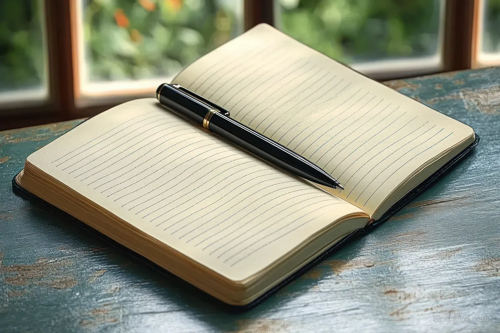Open lined notebook with a black pen on a rustic wooden table beside a window, blurred green background.