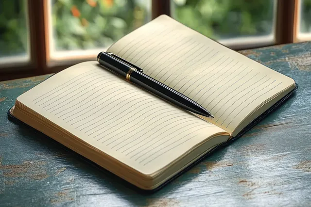 Open lined notebook with a black pen on rustic wooden table by a window