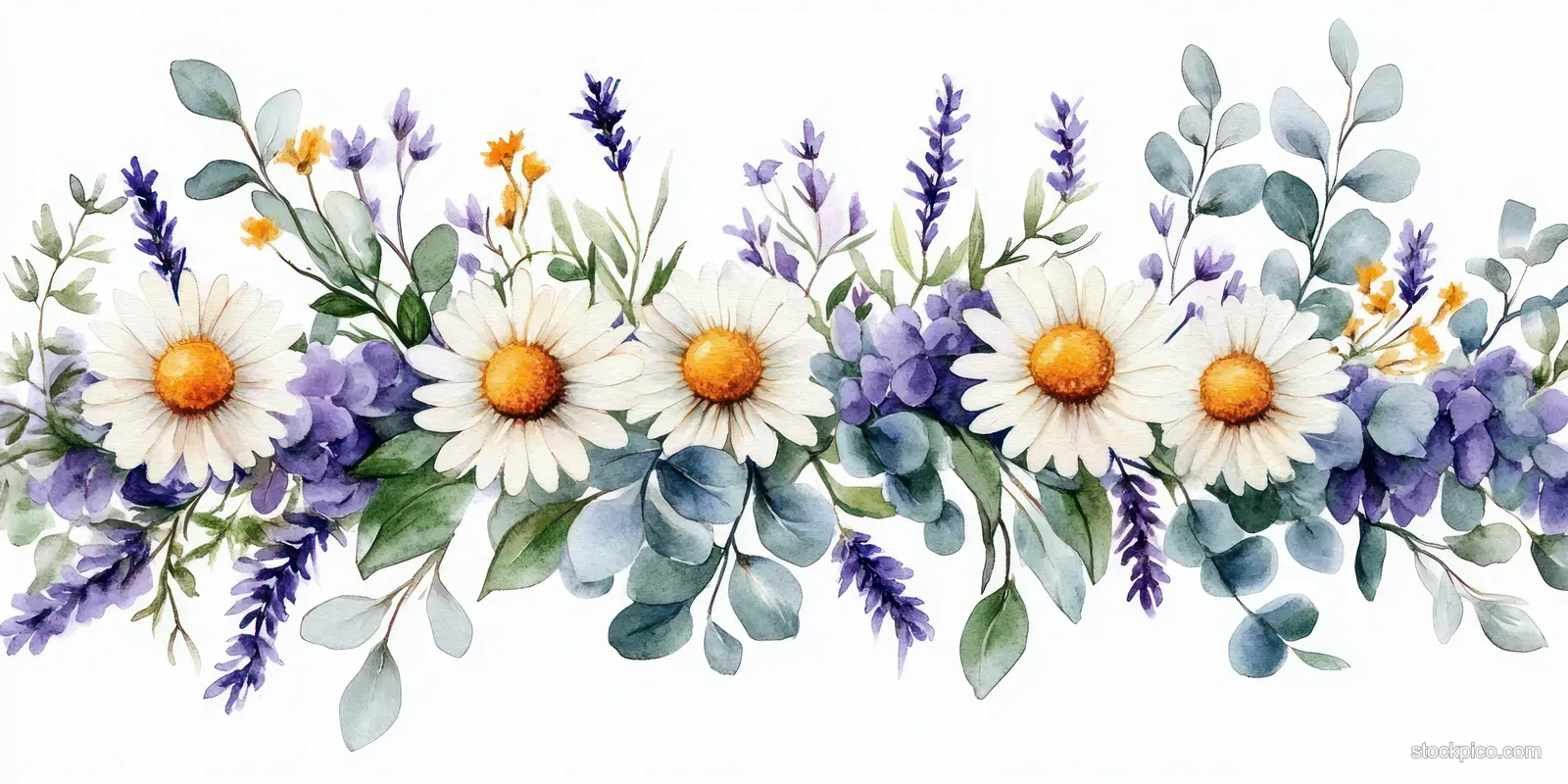 Watercolor daisies, lavender, and eucalyptus leaves arranged in a light summer floral border.