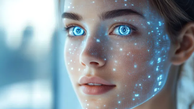 Close-up portrait of a woman with glowing blue digital mesh and illuminated eyes across her face.