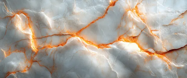 White marble slab close-up with orange-gold veining and glossy light reflections