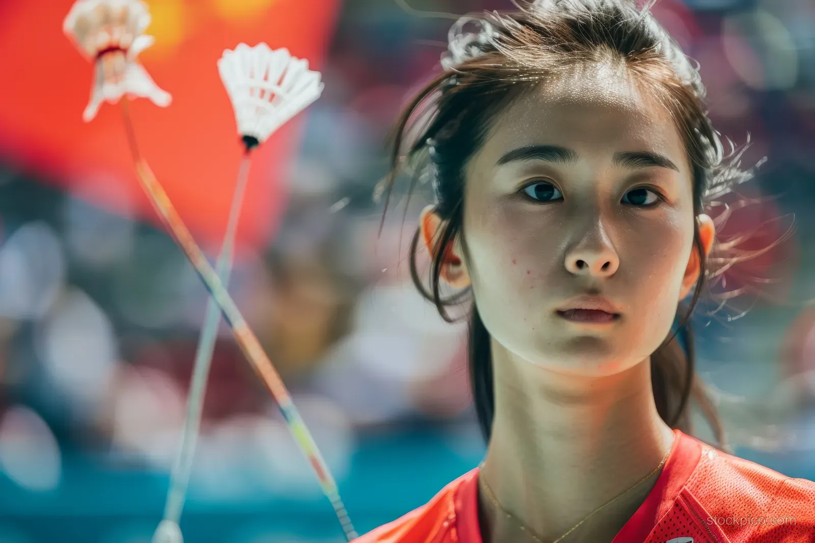 Chinese badminton player with intense gaze reaching for a midair shuttlecock while the crowd blurs in the background.