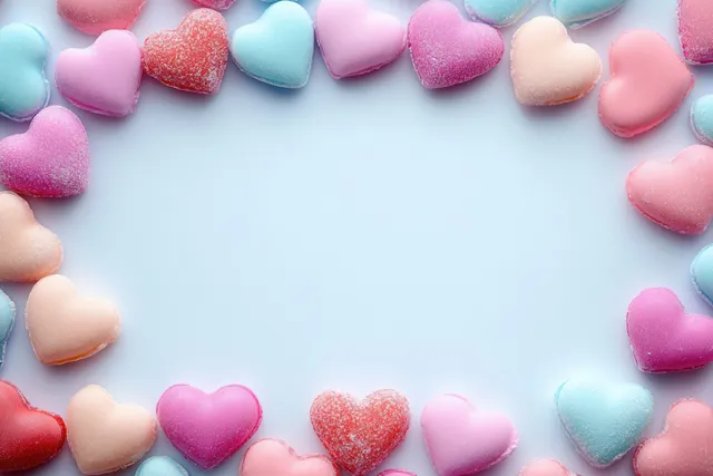Heart-shaped sugar candies arranged in a frame around a pale blue background.