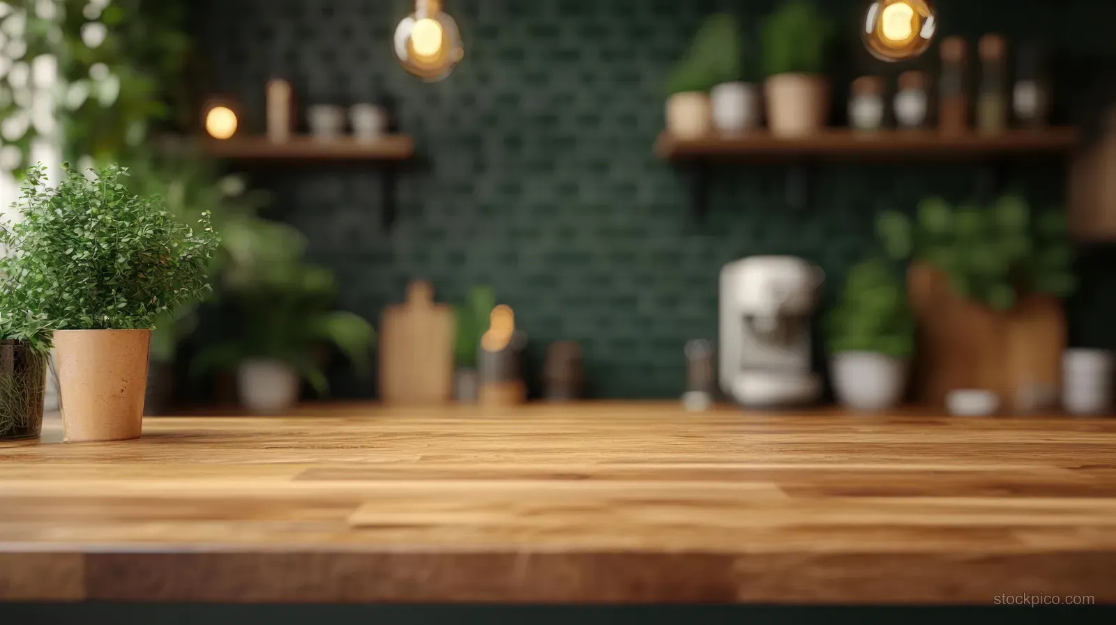Rustic wooden kitchen counter with potted greenery, warm pendant lights, and blurred coffee tools in the background.