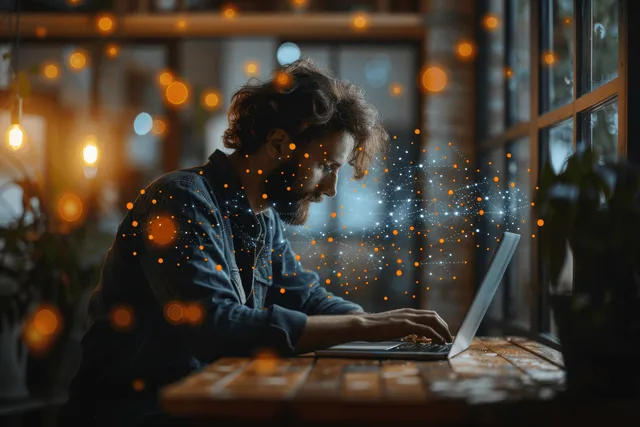 Remote worker typing on a laptop at a cafe desk with glowing network data overlays.