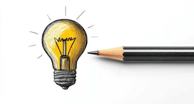 Sharpened black pencil positioned beside a hand-drawn light bulb sketch glowing with yellow highlights on a white background.