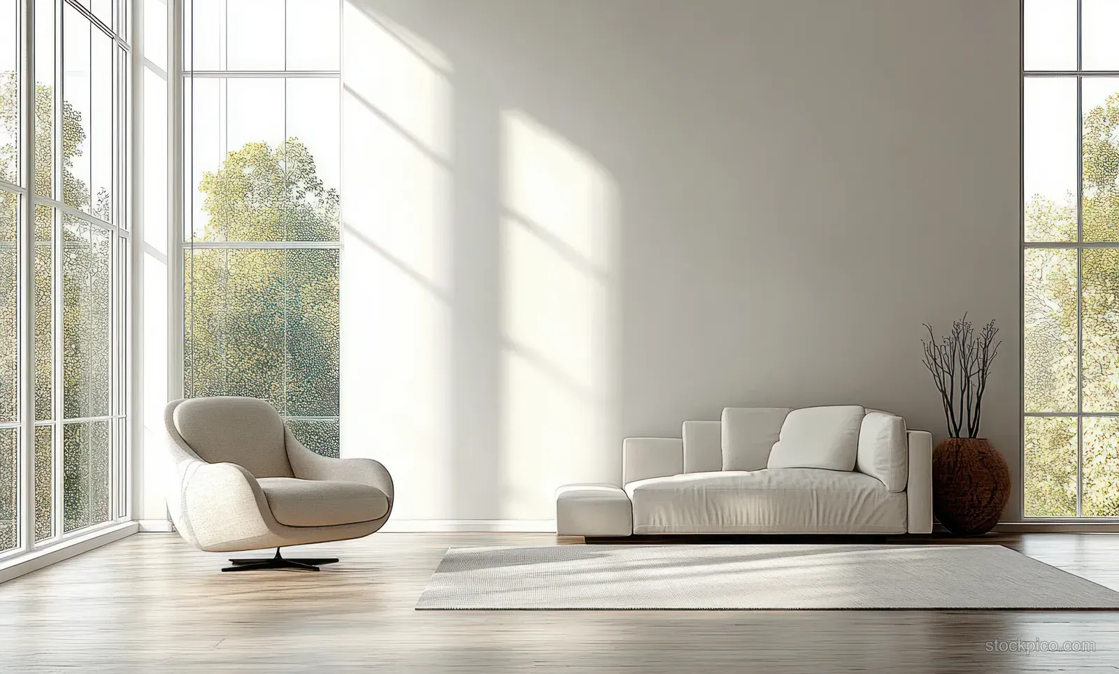 A neutral Scandinavian living room shows a cozy armchair and sleek sofa with sunlight streaming through large windows.