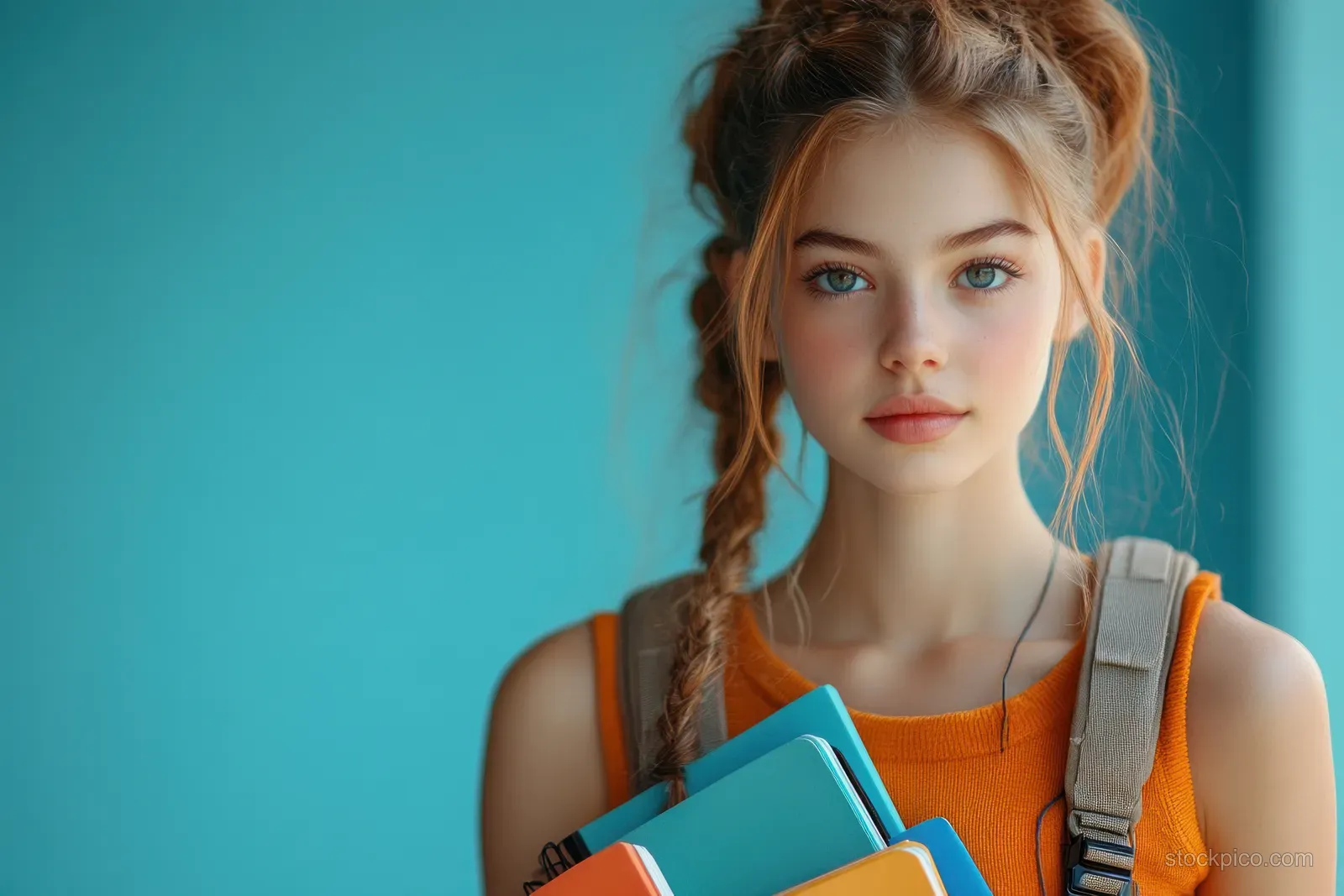 Schoolgirl holding colorful notebooks and backpack straps in a bright minimal studio with a blue backdrop.
