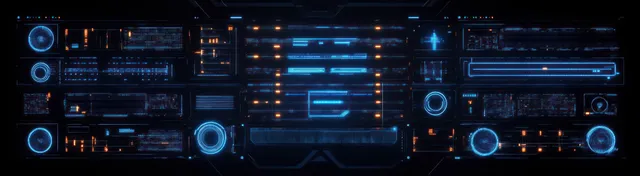 Futuristic HUD interface with glowing blue data panels and circular controls on dark background