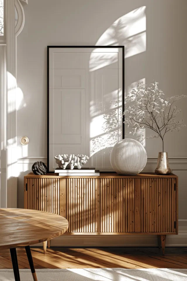 Sunlit minimalist living room with a wooden sideboard and a framed mockup poster leaning on the wall.