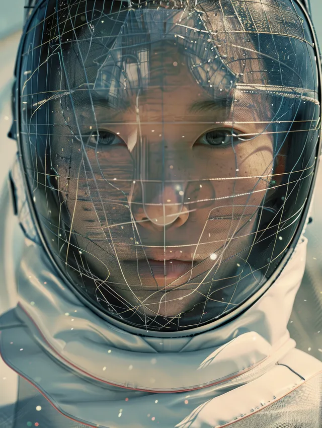 Close-up of a determined Chinese female épée fencer in motion, wearing a mask and displaying a focused, intense expression.