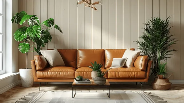 Brown leather sofa sits in a bright Scandinavian living room with white panel walls, rugs, and potted plants.