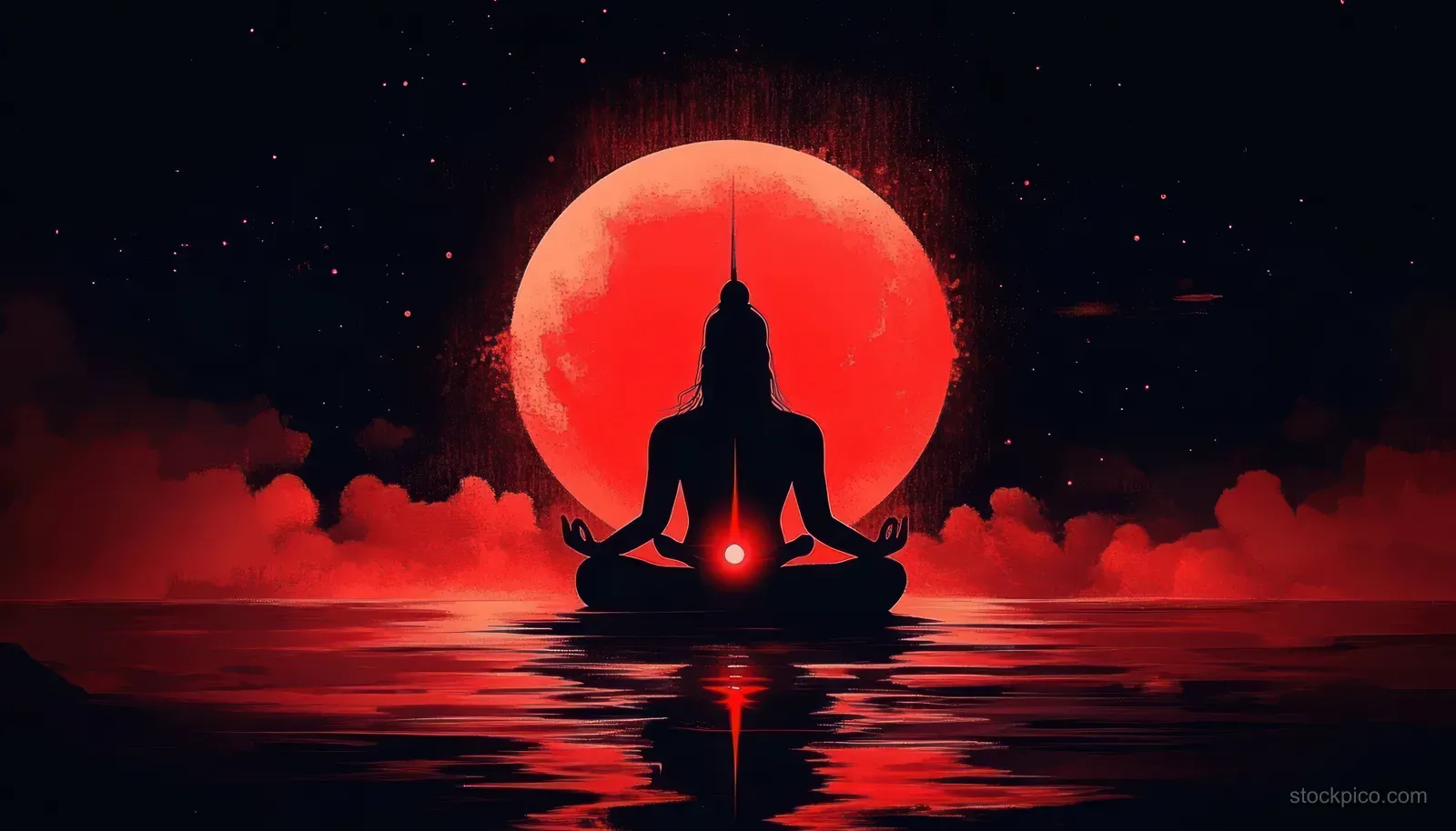 Meditating deity silhouette with trident beneath a glowing red moon, paint splatters, and mirrored water reflections.