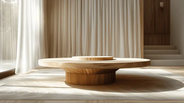 Sunlit wooden round pedestal table centered in a minimalist room with flowing white curtains and soft rug shadows.