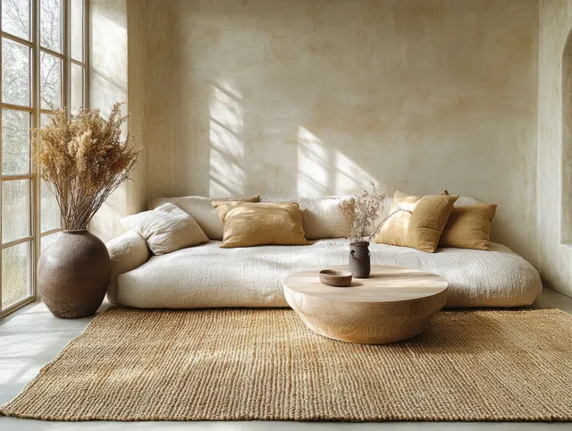 Beige sofa and jute rug in a minimalist living room with dried grass vase by a window and soft sunlight.