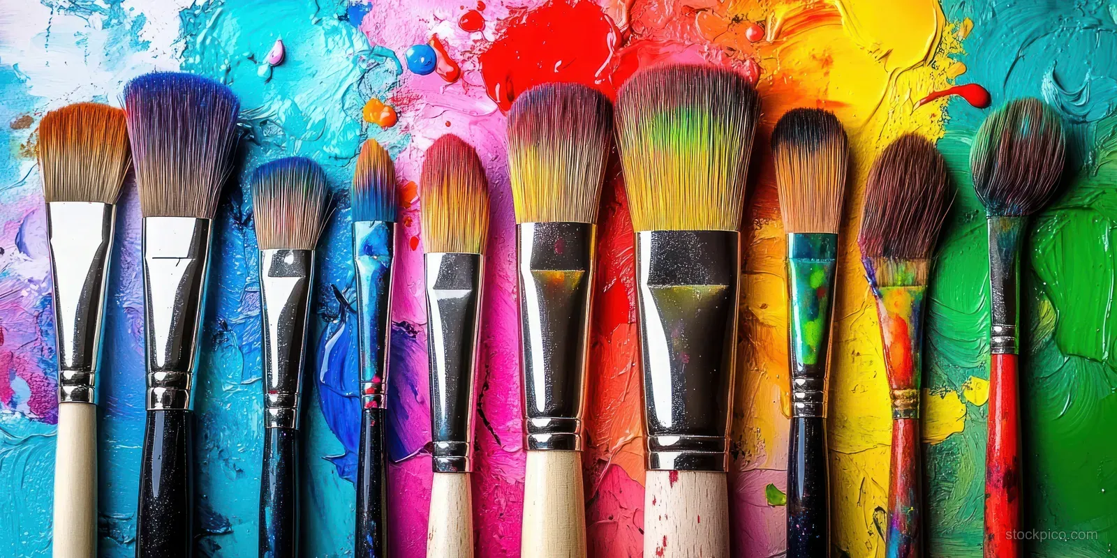 Colorful paintbrushes with bristles and colored paint splatters layered on a light background.