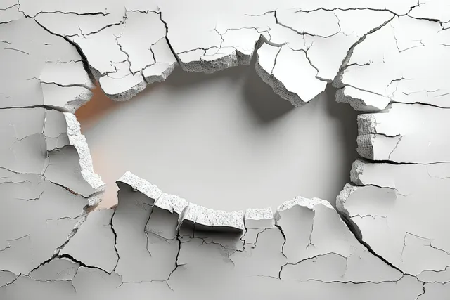 Cracked white wall with deep hole and fractured plaster edges