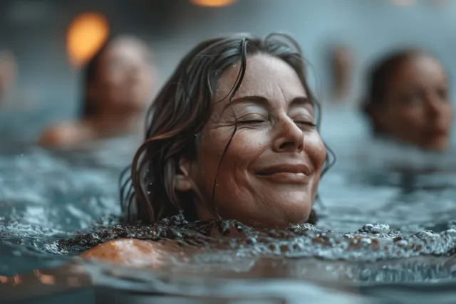 An elderly woman smiles while exercising in a pool, with ripples and blurred swimmers behind her.