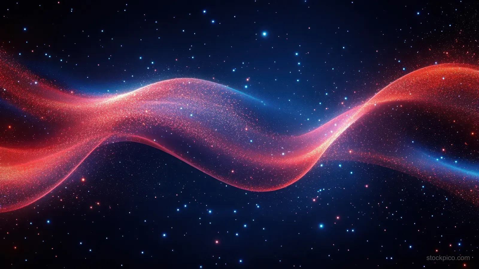 A flowing red and blue light particle wave ripples across a starry dark space background.