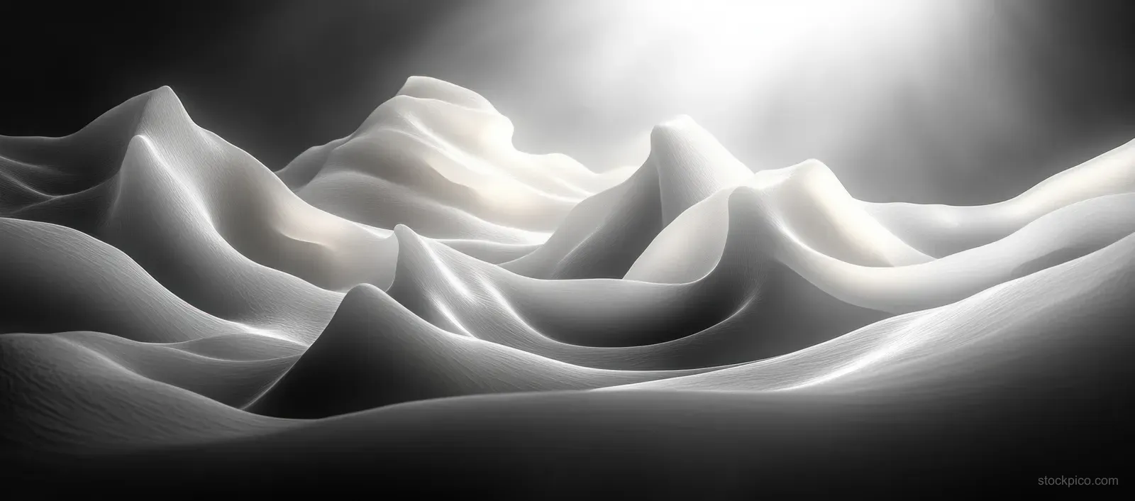 Monochrome wave-like ridges form a glowing horizon with dramatic shadows and textured gradients.